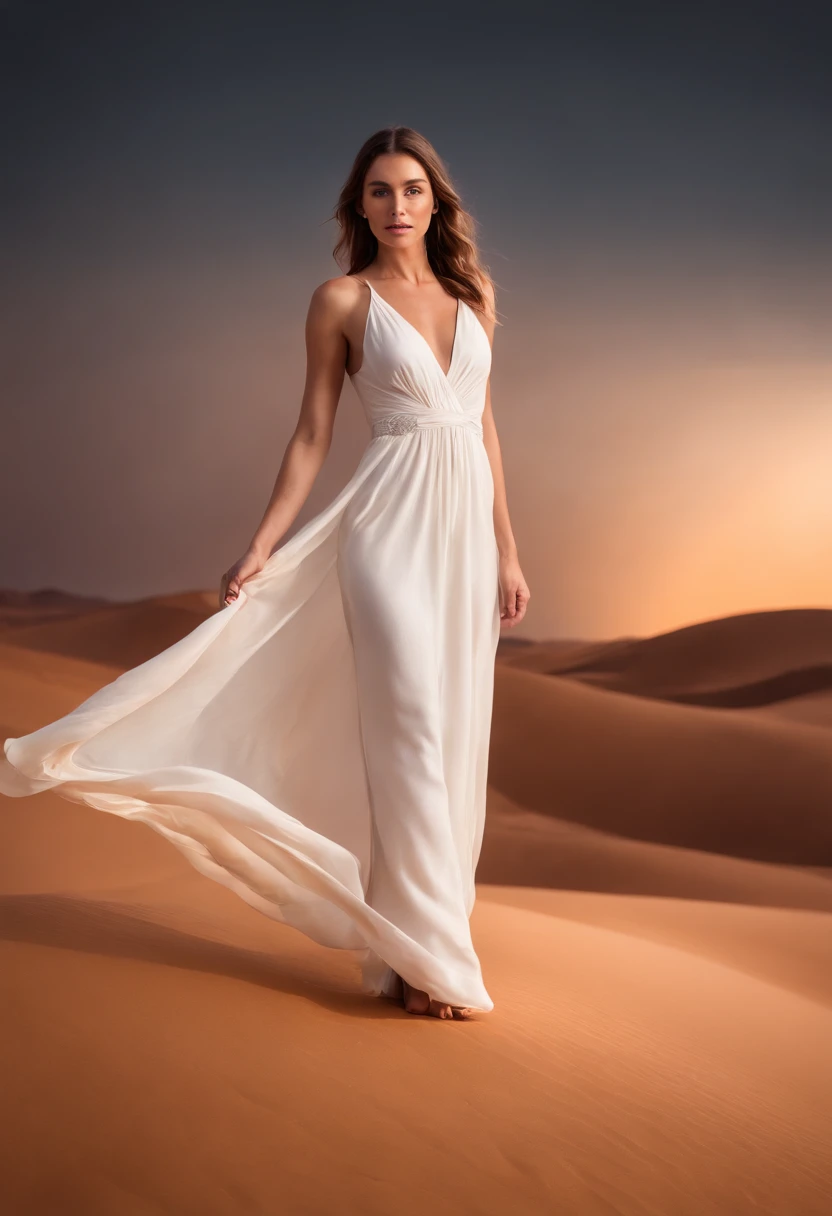 A women in a white tight silk dress standing on a sand dune in the middle of a vast desert, light painting halo in the background, lightpainting, amazing lighting effect, light art, beautiful lighting effects, light paint, diffuse lightpainting, anamorphic...