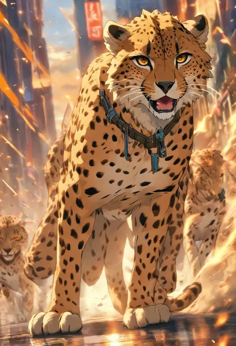 Cheetahs wears combat armor, standing, on the road, stunning style, high quality