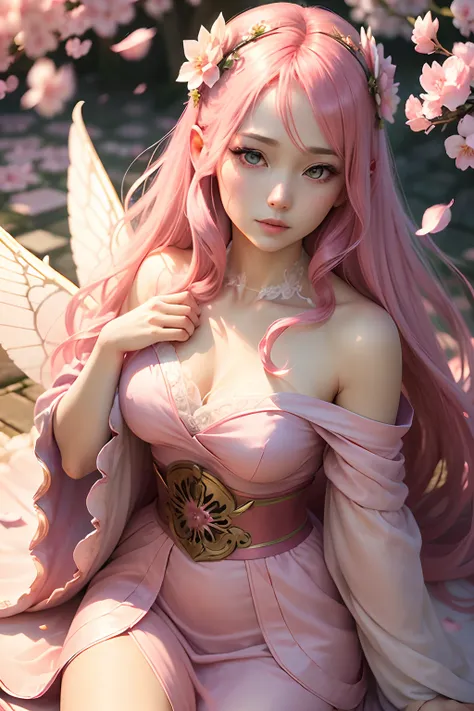 (best quality,ultra-detailed,realistic:1.37),beautiful fairy princess,yandere,flying over cherry blossom trees,Japanese woman,crazy look in beautiful rose eyes,long pink hair,cherry blossom petals,fantasy art,ethereal,soft lighting,vivid colors,wings,loose...