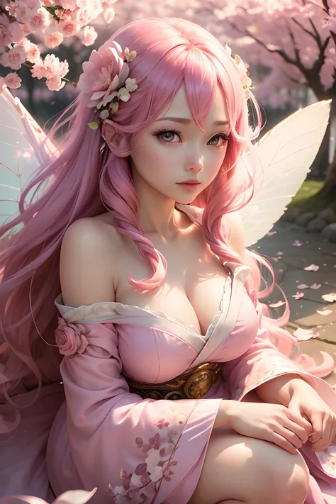 (best quality,ultra-detailed,realistic:1.37),beautiful fairy princess,yandere,flying over cherry blossom trees,Japanese woman,crazy look in beautiful rose eyes,long pink hair,cherry blossom petals,fantasy art,ethereal,soft lighting,vivid colors,wings,loose...