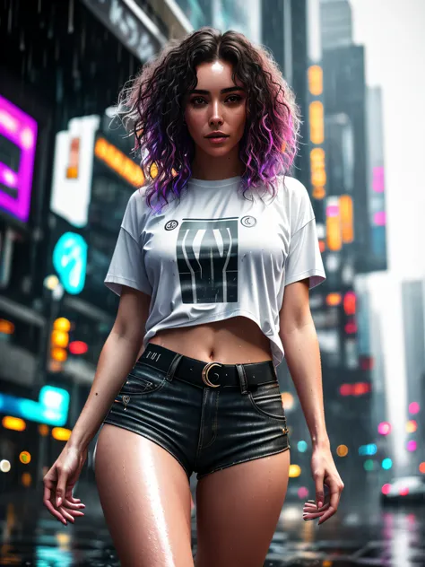 gorgeous woman with wavy hair detailed alluring eyes Thigh gap long sexy legs wearing tiny shorts tshirt in beautiful futuristic cyberpunk+ city, mist, wet, raining, best quality masterpiece, photorealistic, detailed, 8k, HDR, shallow depth of field, broad...