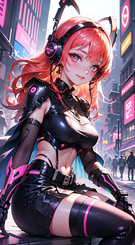 1 girl, Chinese_clothes, metallic black titanium and pink, cyberhan, cheongsam, cyberpunk city, dynamic pose, detailed luminescent headphones, luminous hair accessories, long hair, luminous earrings, glowing necklace, cyberpunk, high-tech city, full of mec...