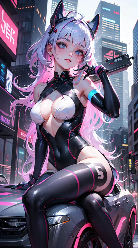 1 menina, Chinese_clothes, titanium black metallic and pink, cyberhan, cheongsam, cyberpunk city, dinamic pose, fones de ouvido luminescentes detalhados, luminous hair accessories, cabelos longos, brincos luminosos, colar brilhante, cyberpunk, cidade de al...