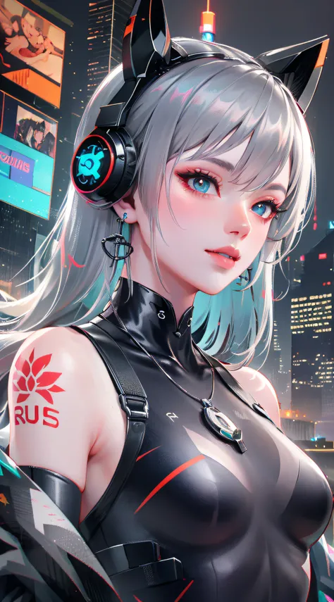 1 girl, Chinese_clothes, liquid silver and orange, cyberhan, cheongsam, cyberpunk city, dynamic pose, detailed luminous headphones, glowing hair accessories, long hair, glowing earrings, glowing necklace, cyberpunk, high-tech city, full of mechanical and f...