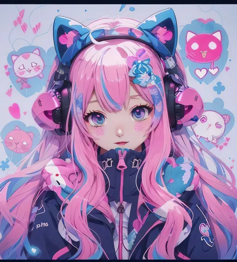 Anime girl with pink hair and headphones with skulls and hearts, anime vibes, menina anime com orelhas de gato, gato anime bonito, gato anime bonito, gato anime, estilo de arte anime, muito bonita menina gato anime, illustration Anime style, estilo anime 4...