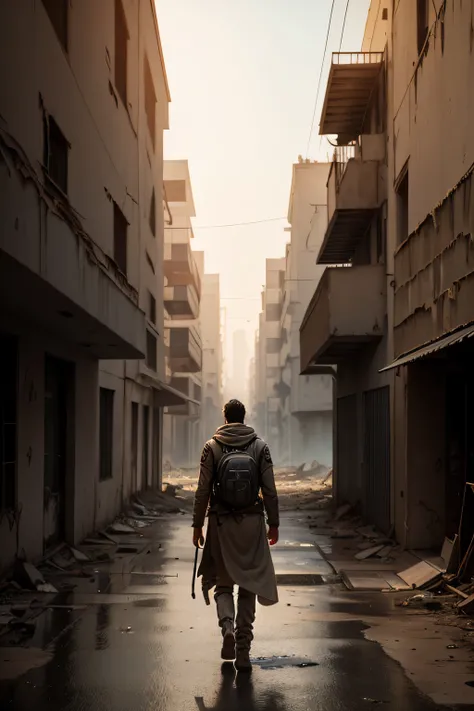 Create an image of this character walking through the abandoned city observing the devastated and empty post-apocalypse scenario