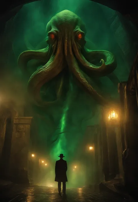 cthulhu lovecraft ,cthulhu, lovecraft ,obra de hp lovecraft , oceano escuro, terror, neblina, nevoeiro, medo ,assustador , dramatic lighting , cinematic lighthing, master part,melhor qualidade, hiper realista, altamente detalhado