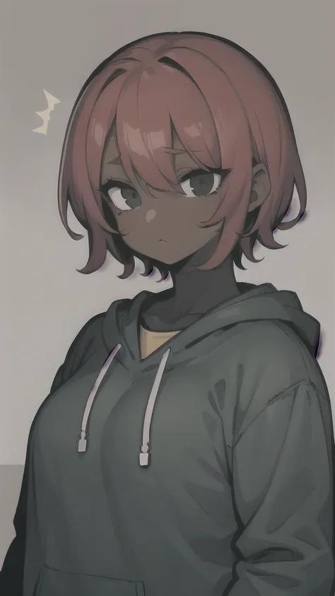 1 girl, (dark brown skin tone:1.1), very short hair, black eyes colour, mole down the right eye, Red hair, (chubby body:1.2), Cold expression, blank eyes, mature, dominant aura, 8k, vivid colors