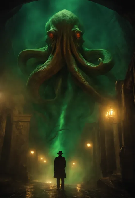 cthulhu lovecraft ,cthulhu, lovecraft ,obra de hp lovecraft , oceano escuro, terror, neblina, nevoeiro, medo ,assustador , dramatic lighting , cinematic lighthing, master part,melhor qualidade, hiper realista, altamente detalhado