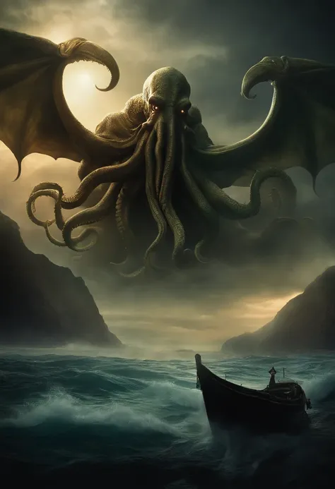 Cthulhu Lovecraft ,Cthulhu, Lovecraft ,Obra de HP Lovecraft ,criatura, oceano escuro, terror, nevoeiro, nevoeiro, medo ,assustador , dramatic lighting , cinematic lighthing, master part,melhor qualidade, Hiper realista, altamente detalhado