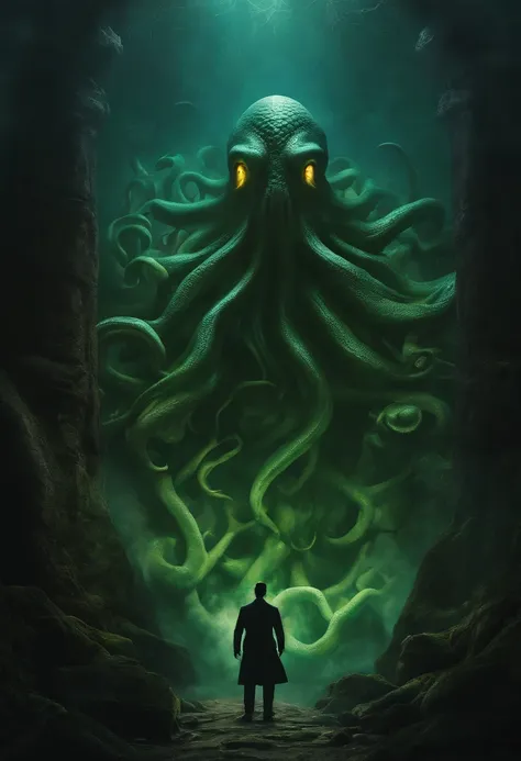 Cthulhu Lovecraft ,Cthulhu, Lovecraft ,Obra de HP Lovecraft ,criatura, oceano escuro, terror, nevoeiro, nevoeiro, medo ,assustador , dramatic lighting , cinematic lighthing, master part,melhor qualidade, Hiper realista, altamente detalhado