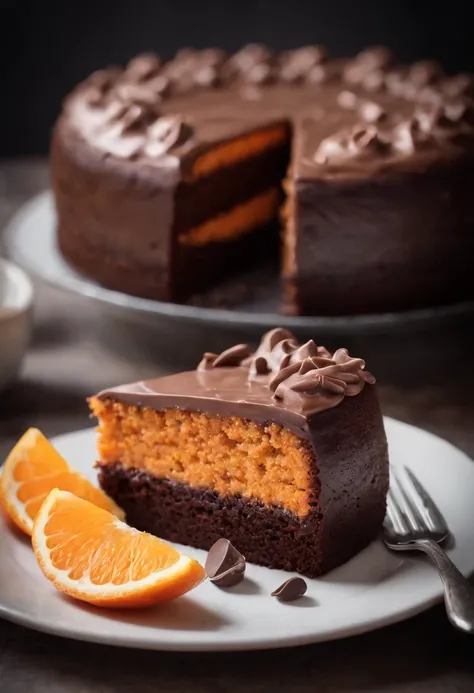 A orange juicy with a chocolate cake piece, tasty, hot, promotional photo, intricate details, hdr, cinematic, adobe lightroom, highly detailed