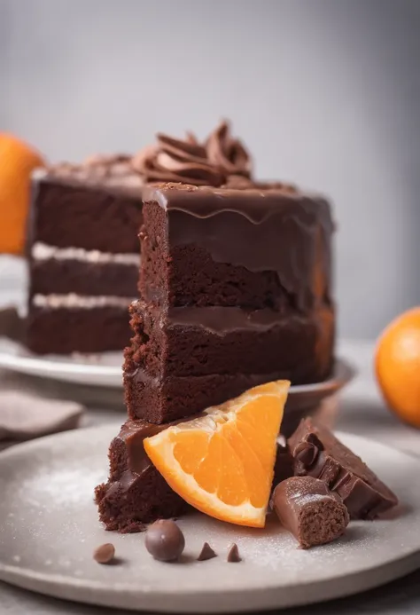 A orange juicy with a chocolate cake piece, tasty, hot, promotional photo, intricate details, hdr, cinematic, adobe lightroom, highly detailed