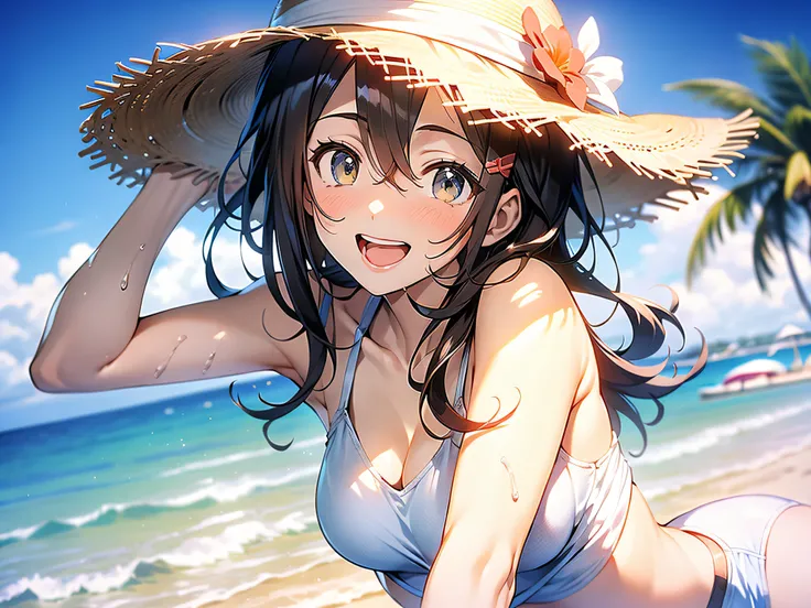 in 8K、top-quality、​masterpiece、ultra-detailliert、Ultra-high resolution、Anime style、1人の女性、Mid summer、White sandy beach、the beach、white tank tops、a straw fedora hat