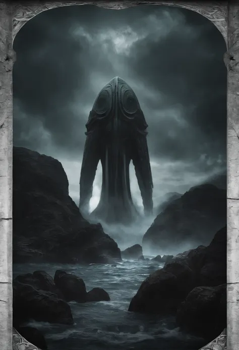 Cthulhu Lovecraft ,Cthulhu, Lovecraft ,Obra de HP Lovecraft ,criatura, oceano escuro, terror, nevoeiro, nevoeiro, medo ,assustador , dramatic lighting , cinematic lighthing, master part,melhor qualidade, Hiper realista, altamente detalhado