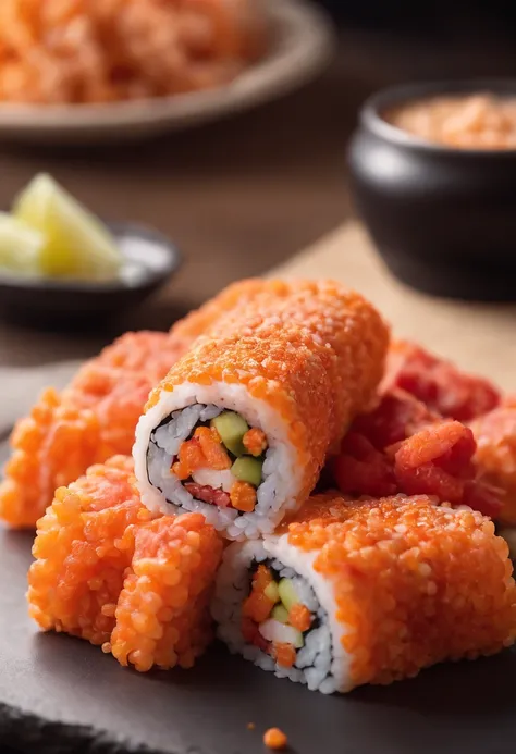 sushi roll with crhushed up hot cheetos on the outside