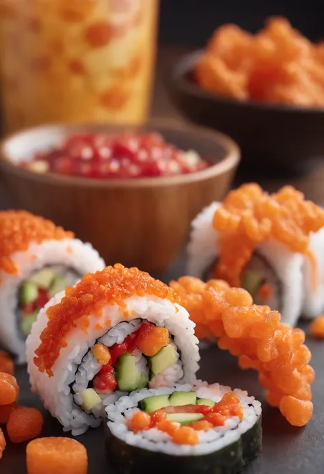 sushi roll with crhushed up hot cheetos on the outside