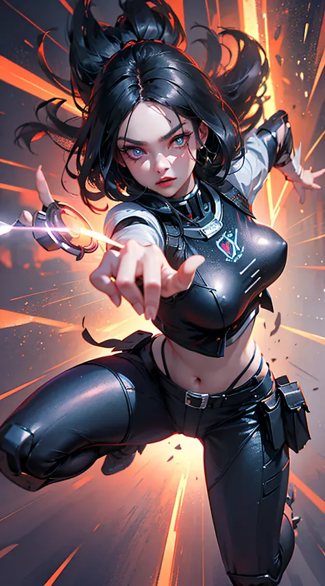 cyborg warrior (Alita Battle Angel), jumping at the viewer in a dynamic position (fighting pose), made of intricate engineering (enhanced cybernetics, pure energy surging throughout her aura, neon fiber optics, portrait, ultra-realism, hyper-detailed, chao...