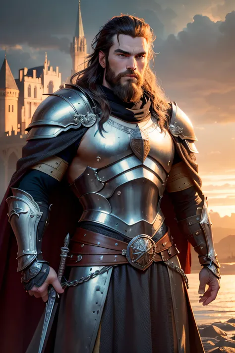 (best quality,4k,8k,highres,masterpiece:1.2),ultra-detailed,(realistic,photorealistic,photo-realistic:1.37),tall,broady and beautiful medieval warrior,armor,chainmail,elaborate detailed helmet,flowing cape,sharp and ornate sword,shield with emblem,confiden...