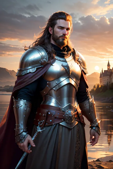 (best quality,4k,8k,highres,masterpiece:1.2),ultra-detailed,(realistic,photorealistic,photo-realistic:1.37),tall,broady and beautiful medieval warrior,armor,chainmail,elaborate detailed helmet,flowing cape,sharp and ornate sword,shield with emblem,confiden...