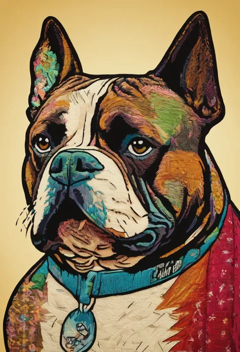 cinematic photo Embroidery of a smug, american bully indiferente, equiretangular 360, Romantic, arte por Michael Hutter . fotografia 35mm, Film, Bokeh, profissional, 4k, altamente detalhado