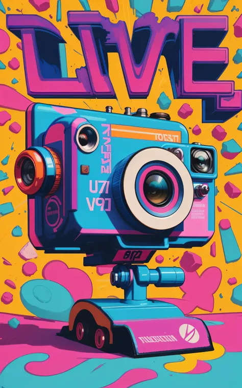 a poster with a camera and a skateboard, 3d grainy aesthetic illustration, 8 0 s camera, baixo detalhamento. pintura digital, cores vivas, vetor behance hd jesper ejsing, full-colour illustration, full-colour illustration, Jen Bartel, arte digital detalhad...