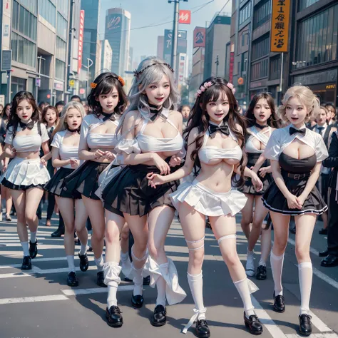 (SFW, 12 Tiny Girls in a row:1.2, Shibuya Hachiko-mae scramble crossing on Halloween:1.2), (masterpiece:1.2, best quality, photorealistic:1.37), {(Standing Full Body:1.2)|(from below:1.2)}, short silver hair, {School Uniform|naked bandage|tutu}, (Detailed ...