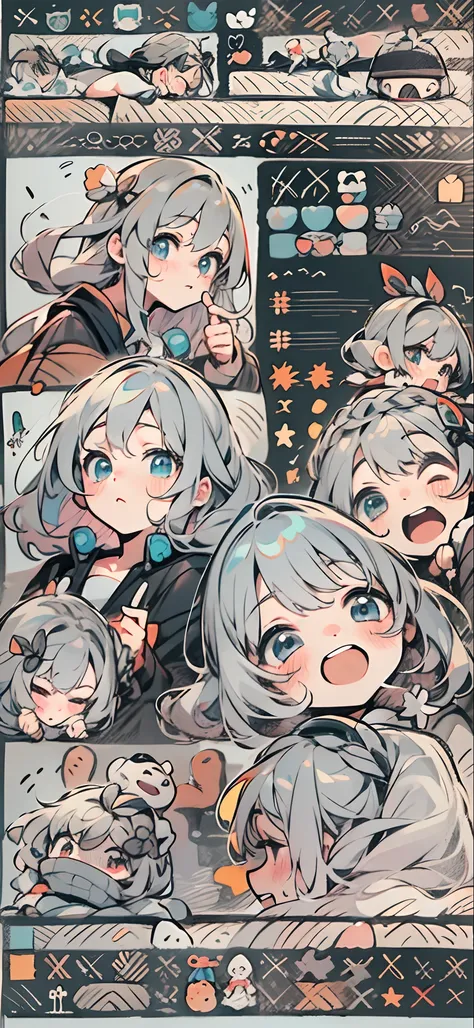 vocaloid、schoolgirls、colorfulhair、pastelcolor、Dome、Cute Baby Turtle、Music background，Nine-square grid，Different expressions