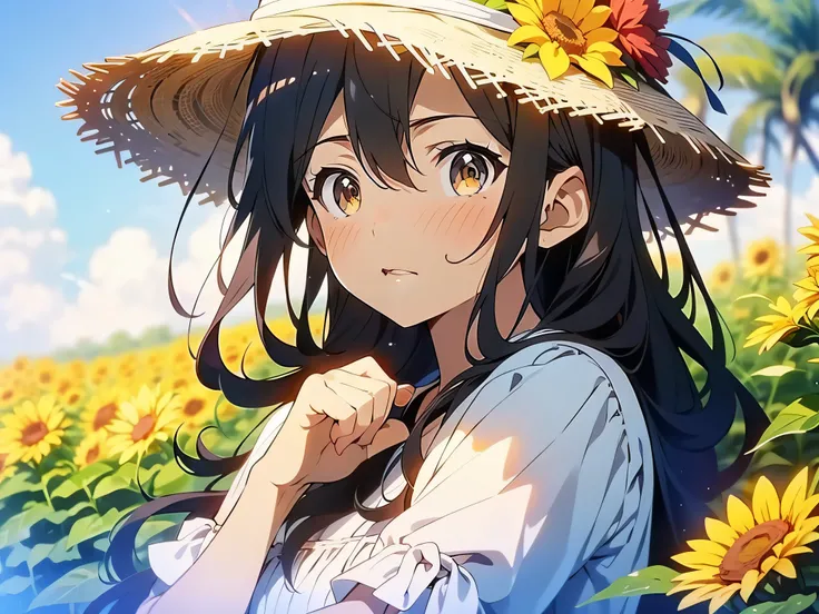 in 8K、top-quality、​masterpiece、ultra-detailliert、Ultra-high resolution、Anime style、1人の女性、Mid summer、White Dress、a straw fedora hat、Sun flower