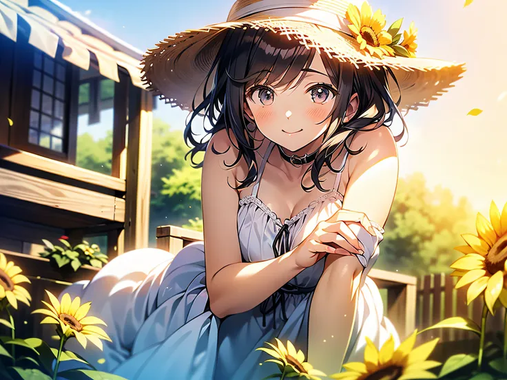 in 8K、top-quality、​masterpiece、ultra-detailliert、Ultra-high resolution、Anime style、1人の女性、Mid summer、White Dress、a straw fedora hat、Sun flower