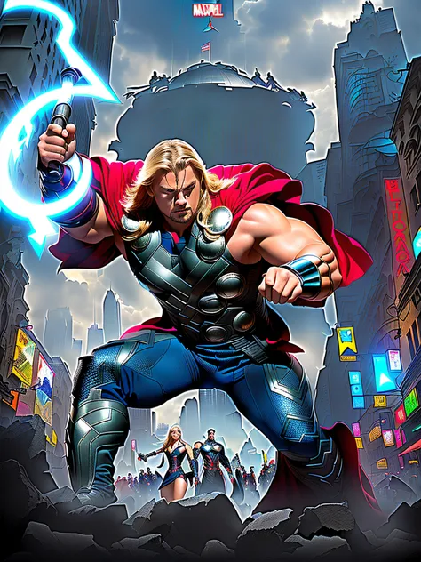 avengers the avengers are coming to town in the city, the god of thunder, thor, Leonardo Di Caprio as god of thunder, Leonardo Di Caprio as THOR, 8 k, 8k comic art, asgardian, artgerm greg rutkowski _ greg, marvel art, full art, artgerm 4 k, mjolnir, marve...