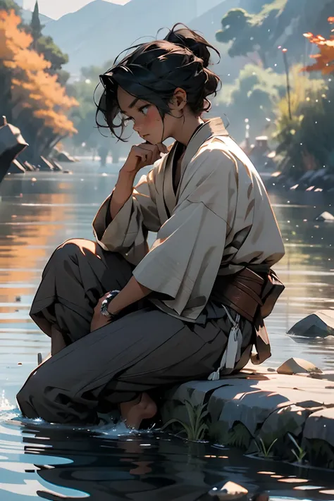 A boy sits on a stone by the river，Looking into the distance，There was a hint of sadness in my heart，The expression is solemn，facing at camera，The evening breeze is long，Autumn water，Sunset on the mountainside，Gooseback Sun