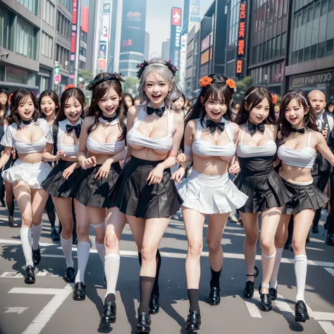 (SFW, 12 Tiny Girls in a row:1.2, Shibuya Hachiko-mae scramble crossing on Halloween:1.2), (masterpiece:1.2, best quality, photorealistic:1.37), {(Standing Full Body:1.2)|(from below:1.2)}, short silver hair, {School Uniform|naked bandage|tutu}, (Detailed ...