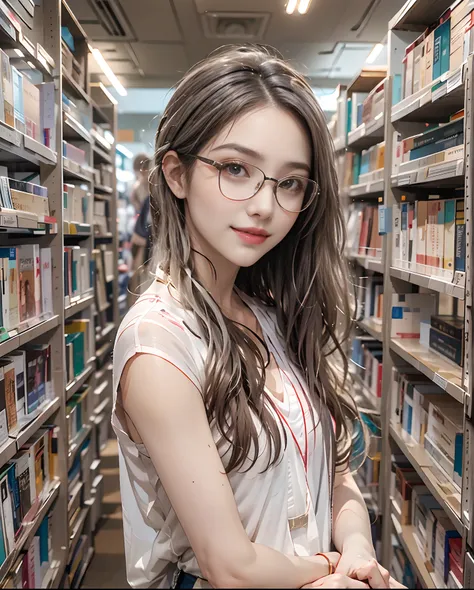 masutepiece、hight resolution、Library staff、30-year-old girl、Glasses woman、Intelligent and bespectacled。Looking at the camera、smil、Finish as shown in the photo、the skin is white and beautiful、inner colored、Hair should be tied back、A slender、