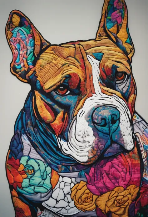 cinematic photo Embroidery of a smug, american bully indiferente, equiretangular 360, Romantic, arte por Michael Hutter . fotografia 35mm, Film, Bokeh, profissional, 4k, altamente detalhado