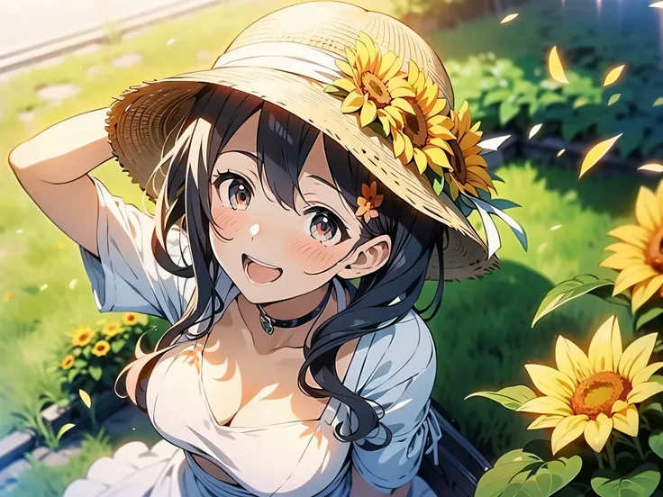 in 8K、top-quality、​masterpiece、ultra-detailliert、Ultra-high resolution、Anime style、1人の女性、Mid summer、White Dress、a straw fedora hat、Sun flower、look up to、Aerial photos