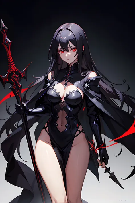 A women dark knight with a grim reaper-inspired sexy outfit, long flowing dark hair, and piercing red eyes, depicted in a concept art style. masterpiece, full detailed