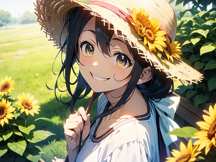 in 8K、top-quality、​masterpiece、ultra-detailliert、Ultra-high resolution、Anime style、1人の女性、Mid summer、a straw fedora hat、a smile、Sun flower、look up to、Aerial photos