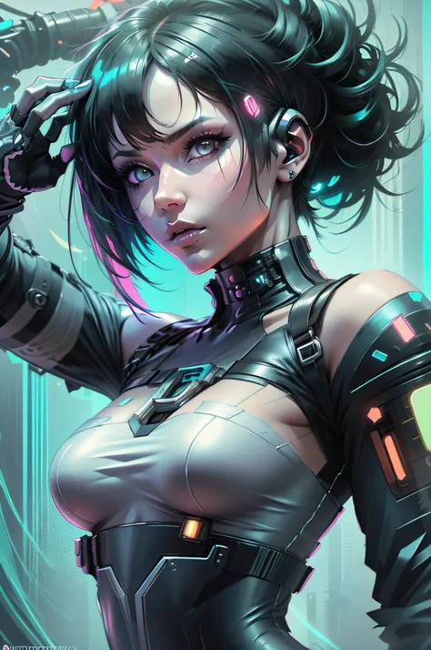 um close up de uma mulher com uma roupa futurista segurando uma espada, oppai cyberpunk, arte digital do anime cyberpunk, cyberpunk menina anime mech, menina de anime cyberpunk feminino, Cyberpunk 2 0 e. o modelo menina, arte cyberpunk anime, garota anime ...