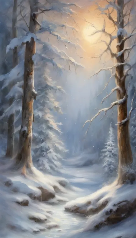 (best quality,4k,8k,highres,masterpiece:1.2),ultra-detailed,(realistic,photorealistic,photo-realistic:1.37),snowy forest during the day, fairy tale, delicate colors, sunlight, rainbow, peaceful atmosphere, snow-covered trees, sparkling snowflakes, magical ...