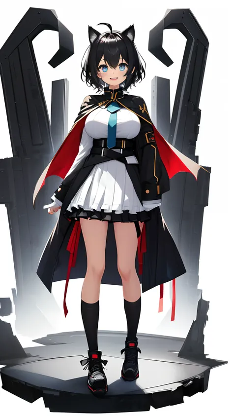 Full body,((Upright)), ((Arms at sides)), Looking at Viewer, simple background、White background, 1girl in, Open mouth, Smile, Virtual Youtuber、girl with、((Best Quality, high_resolution, Distinct_image)),(Black hair), (Black cat ears), (Ahoge), (absurdly sh...