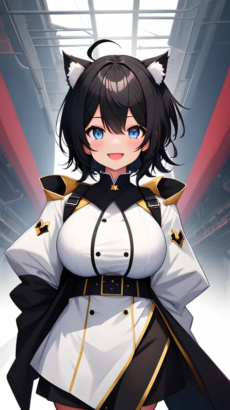 ,((Upright)), ((Arms at sides)), Looking at Viewer, simple background、White background, 1girl in, Open mouth, Smile, Virtual Youtuber、girl with、((Best Quality, high_resolution, Distinct_image)),(Black hair), (Black cat ears), (Ahoge), (absurdly short hair)...