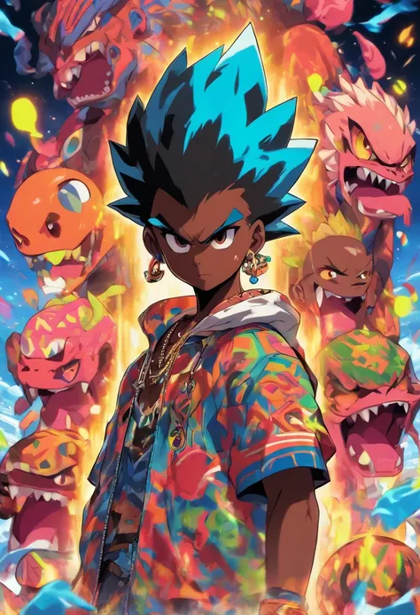 Monster Boy, Caramel Brown skin Black boy moor, Bald Hairstyle, Streetwear, Full Slime Body, colors neon, risa loca, malvada