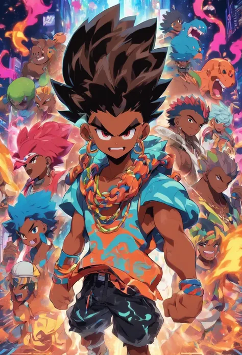 Monster Boy, Caramel Brown skin Black boy moor, Bald Hairstyle, Streetwear, Full Slime Body, colors neon, risa loca, malvada