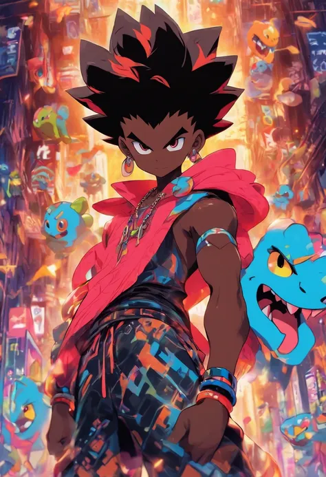 Monster Boy, Caramel Brown skin Black boy moor, Bald Hairstyle, Streetwear, Full Slime Body, colors neon, risa loca, malvada