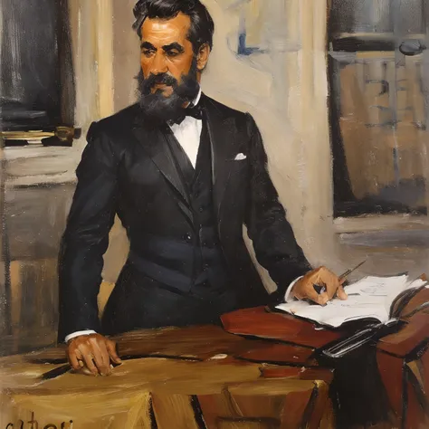 (best quality,Altas),Realistic,retrato,1889,Retratos,Man,governador,56 anos,naipe,amarrar,posingsolo,classic attire,Serious expression,vestido formal,Roupas ricamente detalhadas,Pose digna,Victorian era,vindima,preto e branco,High contrast lighting,Shadows...