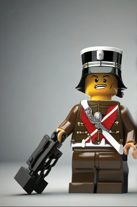 super primer plano, personaje con Uniforme militar napolieonico antiguo, la cabeza del personaje es de estilo lego, real, fotografia artistica, primer plano, Suave, ultra-high def, 8k, Ultra Sharp Focus, Obra maestra de arte intrincada, Traje fluido, Altam...