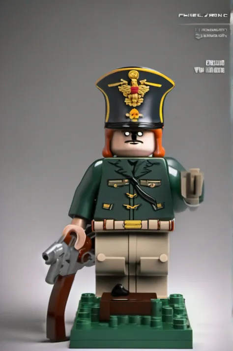 super primer plano, personaje con Uniforme militar napolieonico antiguo, la cabeza del personaje es de estilo lego, real, fotografia artistica, primer plano, Suave, ultra-high def, 8k, Ultra Sharp Focus, Obra maestra de arte intrincada, Traje fluido, Altam...