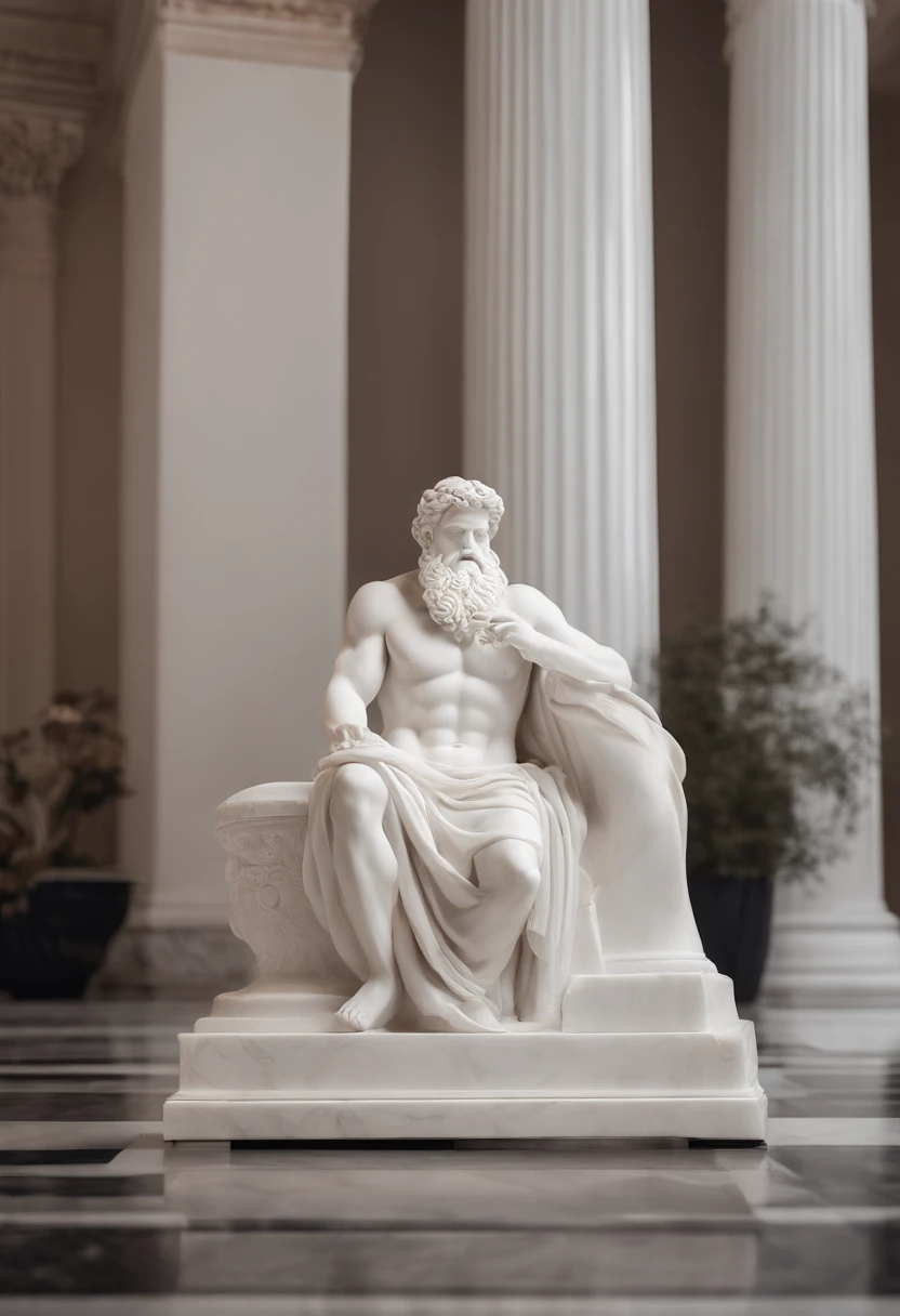 Design a powerful white light background with a captivating white marble statue of a wise and muscular figure from Greek mythology holding a bored-looking tablet or mobile phone waiting for an appointment that never arrives. The sculpture must embody stren...