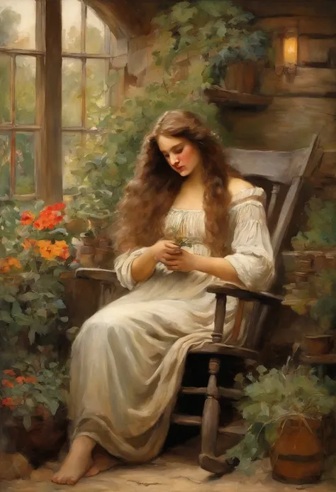 william waterhouse style painting, young maiden, long brown curly hair, {sitting in a rocking chair}, {wavy wild hair}, {holding a can of desperados} smoking a ciggerette} breast feeding twin babys with husband in the background, {barn house} {pot plants i...